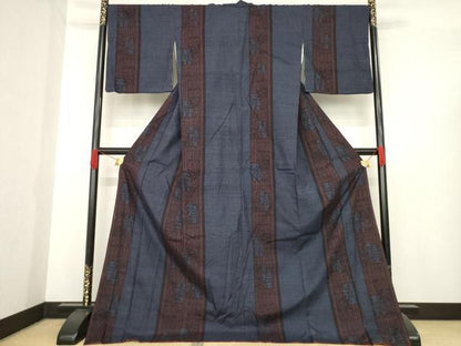 平和屋着物●結城紬　100亀甲　陶器文　間道　ロング丈　正絹　逸品　AABE6811ck