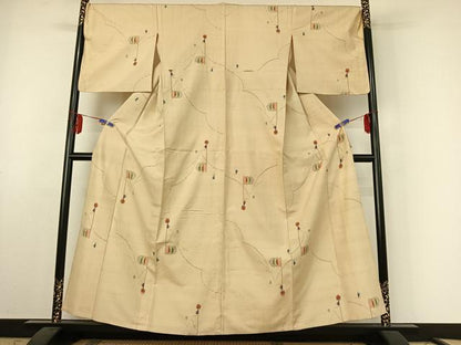 平和屋着物▽上質な紬　単衣　幾何学文様　正絹　逸品　AABE6842jh