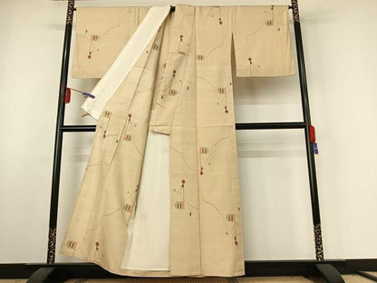 平和屋着物▽上質な紬　単衣　幾何学文様　正絹　逸品　AABE6842jh