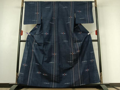平和屋着物▽上質な紬　単衣　幾何学文様　正絹　逸品　AABE6843jh