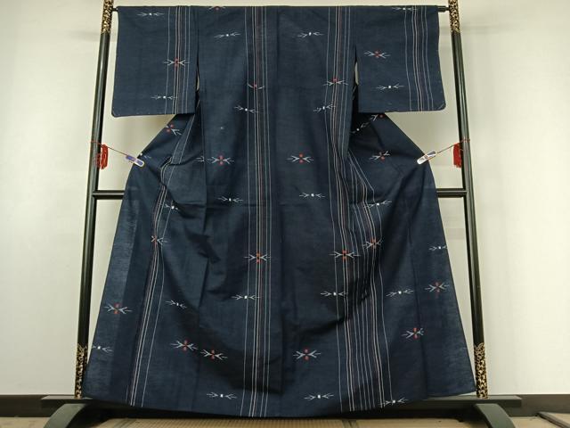 平和屋着物▽上質な紬　単衣　幾何学文様　正絹　逸品　AABE6843jh