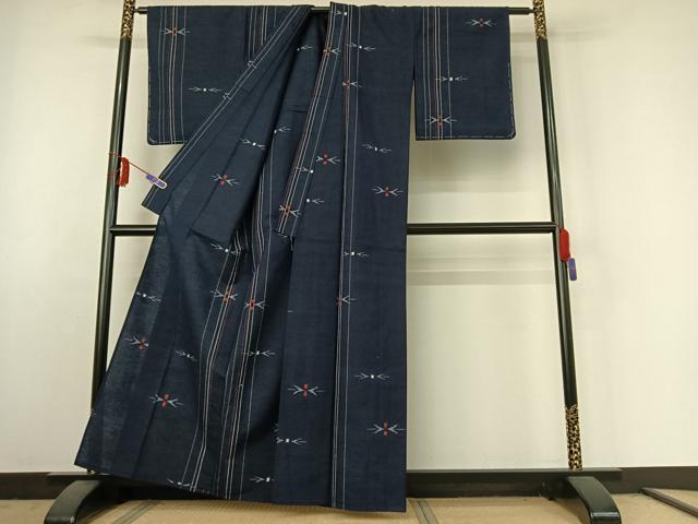 平和屋着物▽上質な紬　単衣　幾何学文様　正絹　逸品　AABE6843jh