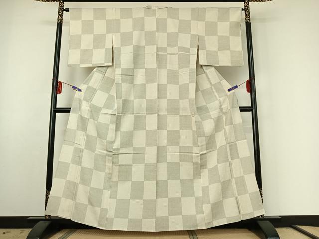 平和屋着物▽本塩沢 単衣 市松文様 正絹 逸品 AABE6844jh