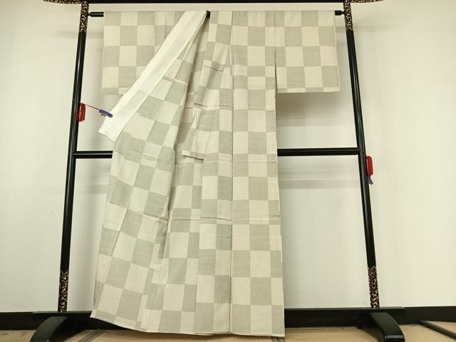 平和屋着物▽本塩沢 単衣 市松文様 正絹 逸品 AABE6844jh