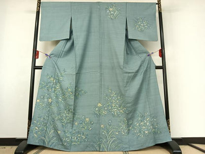 平和屋着物▽訪問着 単衣 紬地 ろうけつ染め 草花文 正絹 逸品 AABE6848jh