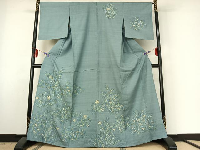 平和屋着物▽訪問着 単衣 紬地 ろうけつ染め 草花文 正絹 逸品 AABE6848jh