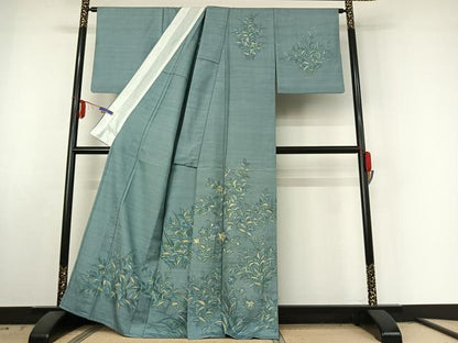 平和屋着物▽訪問着 単衣 紬地 ろうけつ染め 草花文 正絹 逸品 AABE6848jh