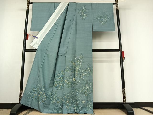 平和屋着物▽訪問着 単衣 紬地 ろうけつ染め 草花文 正絹 逸品 AABE6848jh