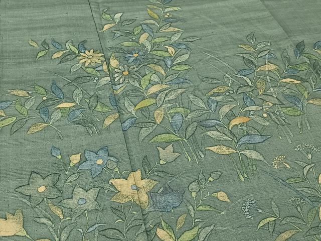 平和屋着物▽訪問着 単衣 紬地 ろうけつ染め 草花文 正絹 逸品 AABE6848jh
