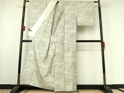 平和屋着物▽上質な紬 白大島 単衣 風景文 正絹 逸品 AABE6849jh