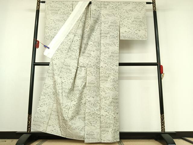 平和屋着物▽上質な紬 白大島 単衣 風景文 正絹 逸品 AABE6849jh