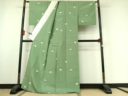平和屋着物▽上質な紬 単衣 草花文 反端付き 正絹 逸品 AABE6850jh
