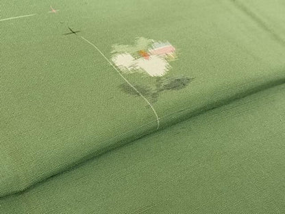 平和屋着物▽上質な紬 単衣 草花文 反端付き 正絹 逸品 AABE6850jh
