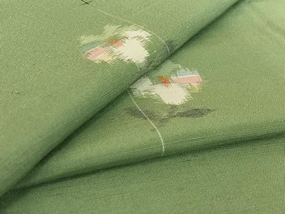 平和屋着物▽上質な紬 単衣 草花文 反端付き 正絹 逸品 AABE6850jh