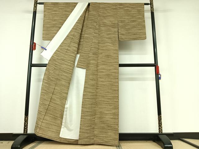 平和屋着物▽上質な紬 単衣 横段文 正絹 逸品 AABE6854jh