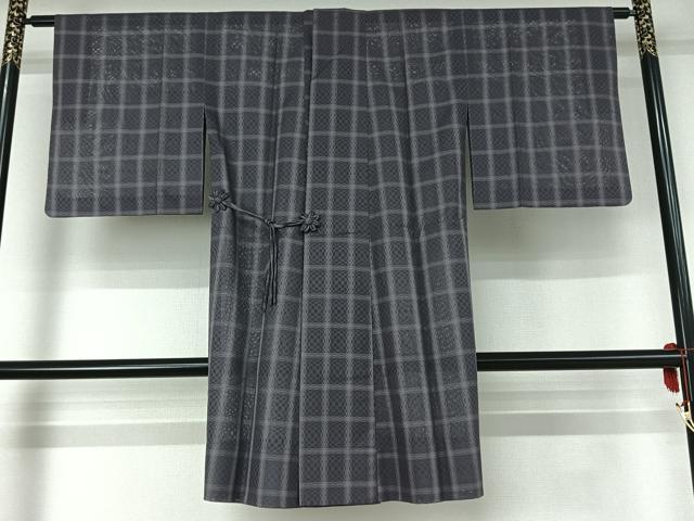 平和屋着物▽道中着 スリーシーズン 春夏秋 塵除け 格子 ロング丈 正絹 逸品 AABE6861jh