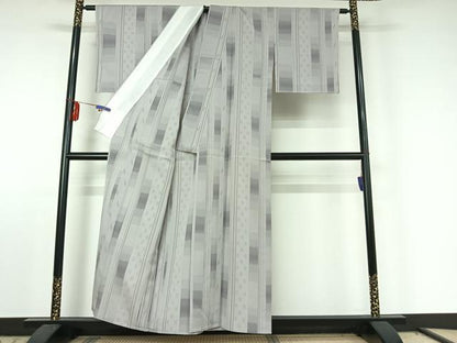 平和屋着物▽お召 単衣 幾何学文様 正絹 逸品 AABE6865jh