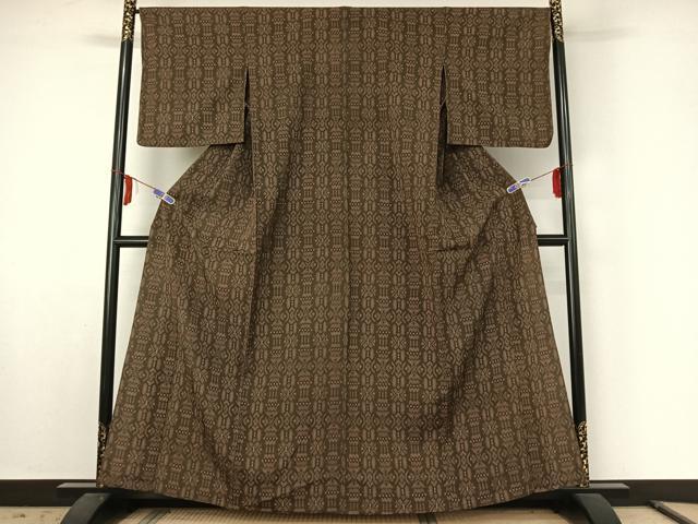 平和屋着物▽本塩沢 単衣 幾何学文様 正絹 逸品 AABE6867jh
