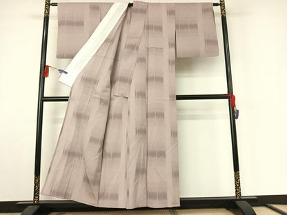 平和屋着物▽上質な紬　単衣　横段文　証紙付き　正絹　逸品　AABE6869jh