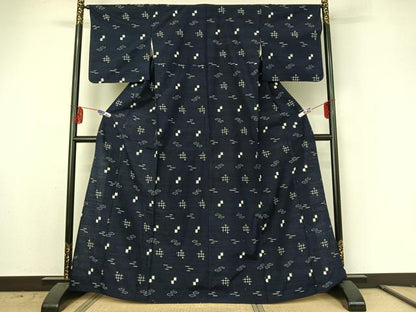 平和屋着物▽上質な紬 単衣 幾何学文様 正絹 逸品 AABE6872jh