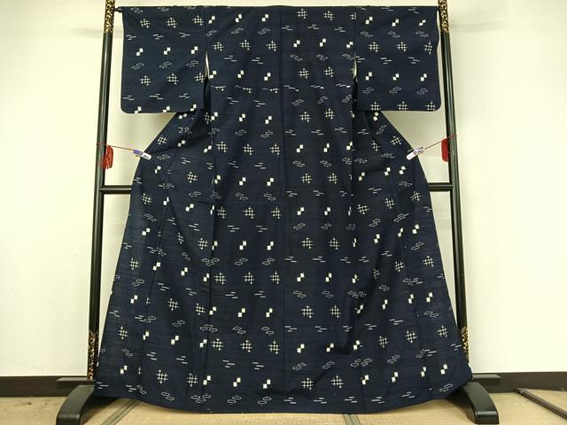 平和屋着物▽上質な紬 単衣 幾何学文様 正絹 逸品 AABE6872jh