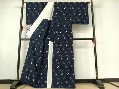 平和屋着物▽上質な紬 単衣 幾何学文様 正絹 逸品 AABE6872jh