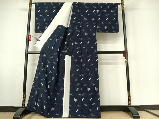 平和屋着物▽上質な紬 単衣 幾何学文様 正絹 逸品 AABE6872jh