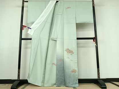平和屋着物▽訪問着 単衣 総刺繍 立波花文 金糸 正絹 逸品 AABE6873jh