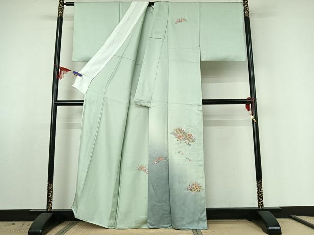 平和屋着物▽訪問着 単衣 総刺繍 立波花文 金糸 正絹 逸品 AABE6873jh