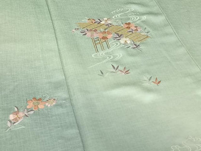 平和屋着物▽訪問着 単衣 総刺繍 立波花文 金糸 正絹 逸品 AABE6873jh