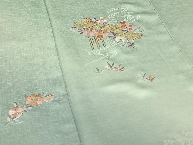 平和屋着物▽訪問着 単衣 総刺繍 立波花文 金糸 正絹 逸品 AABE6873jh