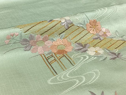 平和屋着物▽訪問着 単衣 総刺繍 立波花文 金糸 正絹 逸品 AABE6873jh