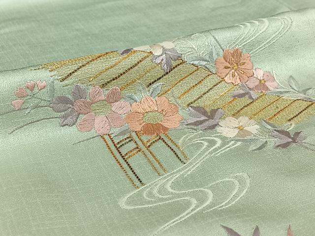 平和屋着物▽訪問着 単衣 総刺繍 立波花文 金糸 正絹 逸品 AABE6873jh