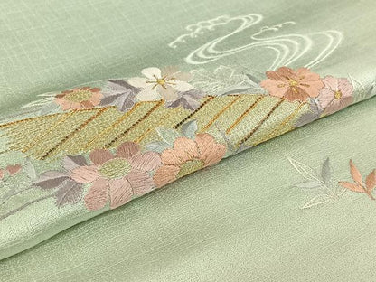 平和屋着物▽訪問着 単衣 総刺繍 立波花文 金糸 正絹 逸品 AABE6873jh
