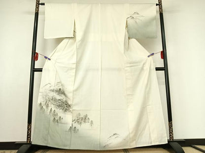 平和屋着物▽訪問着 単衣 紬地 手描き 風景文 正絹 逸品 AABE6878jh