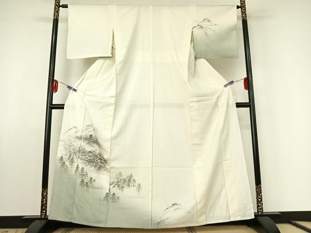 平和屋着物▽訪問着 単衣 紬地 手描き 風景文 正絹 逸品 AABE6878jh