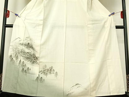 平和屋着物▽訪問着 単衣 紬地 手描き 風景文 正絹 逸品 AABE6878jh