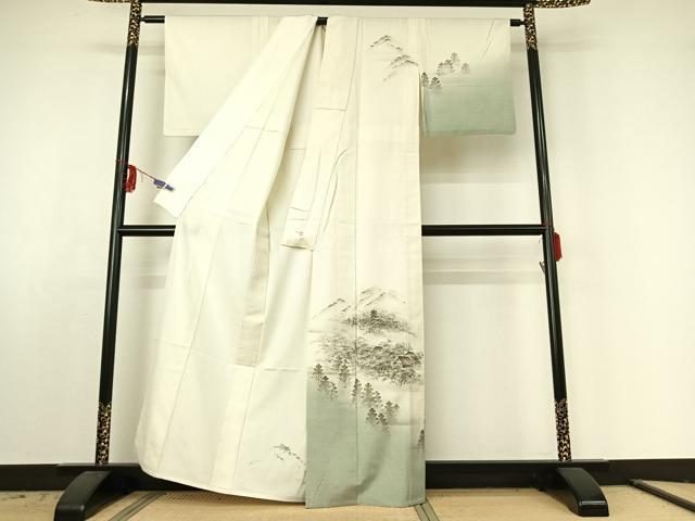 平和屋着物▽訪問着 単衣 紬地 手描き 風景文 正絹 逸品 AABE6878jh