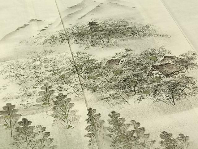 平和屋着物▽訪問着 単衣 紬地 手描き 風景文 正絹 逸品 AABE6878jh