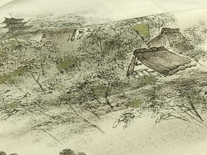 平和屋着物▽訪問着 単衣 紬地 手描き 風景文 正絹 逸品 AABE6878jh