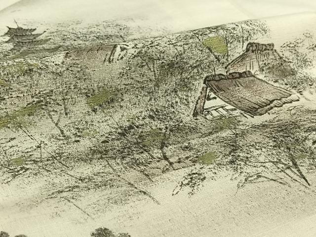 平和屋着物▽訪問着 単衣 紬地 手描き 風景文 正絹 逸品 AABE6878jh