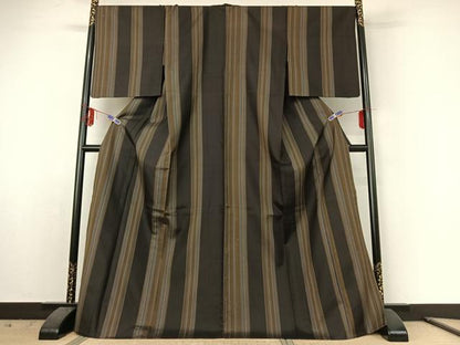 平和屋着物▽本場黄八丈　まるまなこ　紬　黒八丈　単衣　ロング丈　正絹　逸品　AABE6880jh