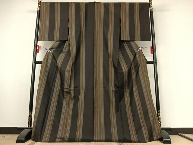 平和屋着物▽本場黄八丈　まるまなこ　紬　黒八丈　単衣　ロング丈　正絹　逸品　AABE6880jh