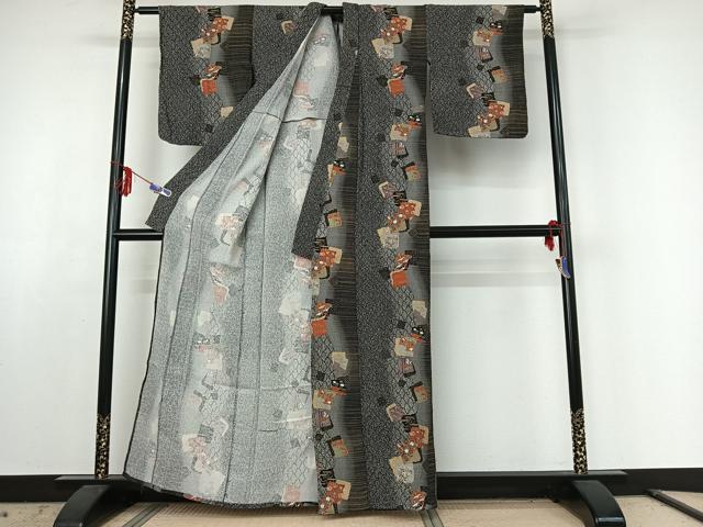 平和屋着物▽上質な小紋 単衣 色紙重ね花文 金彩 正絹 逸品