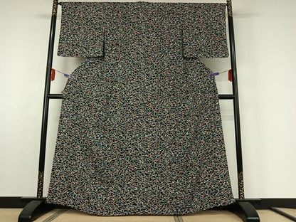平和屋着物▽上質な小紋 単衣 草花文 黒地 金彩 鬼しぼ縮緬 正絹 逸品 AABE6887jh