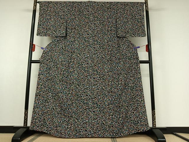 平和屋着物▽上質な小紋 単衣 草花文 黒地 金彩 鬼しぼ縮緬 正絹 逸品 AABE6887jh