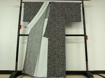 平和屋着物▽上質な小紋 単衣 草花文 黒地 金彩 鬼しぼ縮緬 正絹 逸品 AABE6887jh