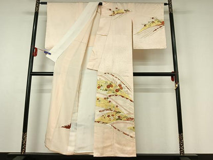 平和屋着物▽銀座きしや　訪問着　単衣　駒刺繍　草花文　金彩　正絹　逸品　AABE6891jh