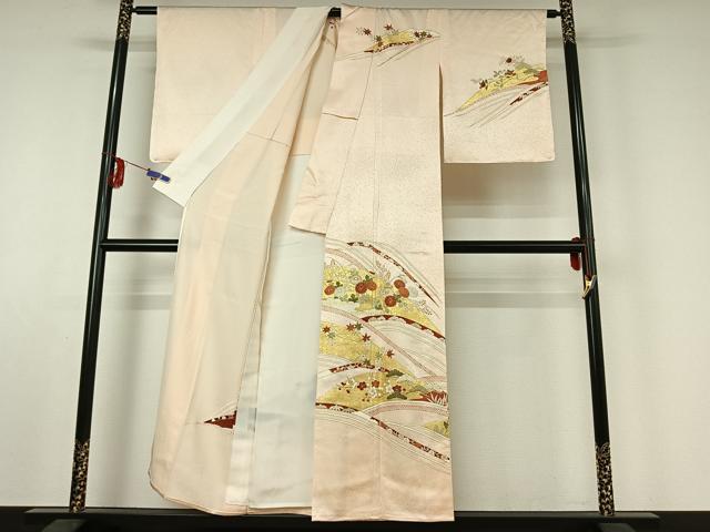 平和屋着物▽銀座きしや　訪問着　単衣　駒刺繍　草花文　金彩　正絹　逸品　AABE6891jh