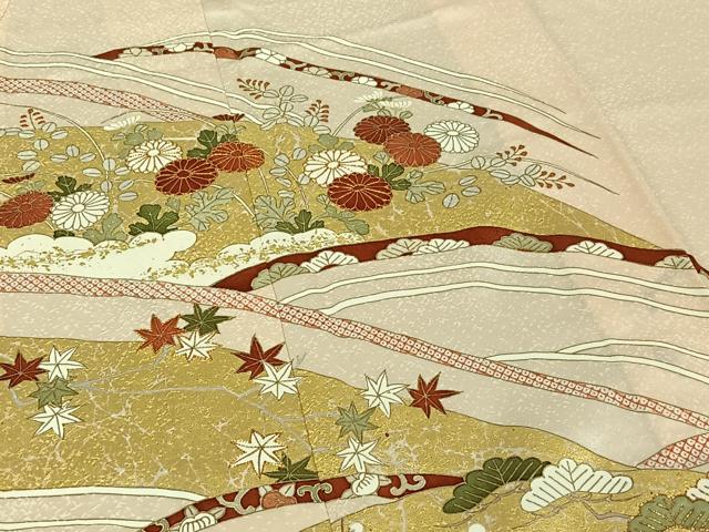平和屋着物▽銀座きしや　訪問着　単衣　駒刺繍　草花文　金彩　正絹　逸品　AABE6891jh